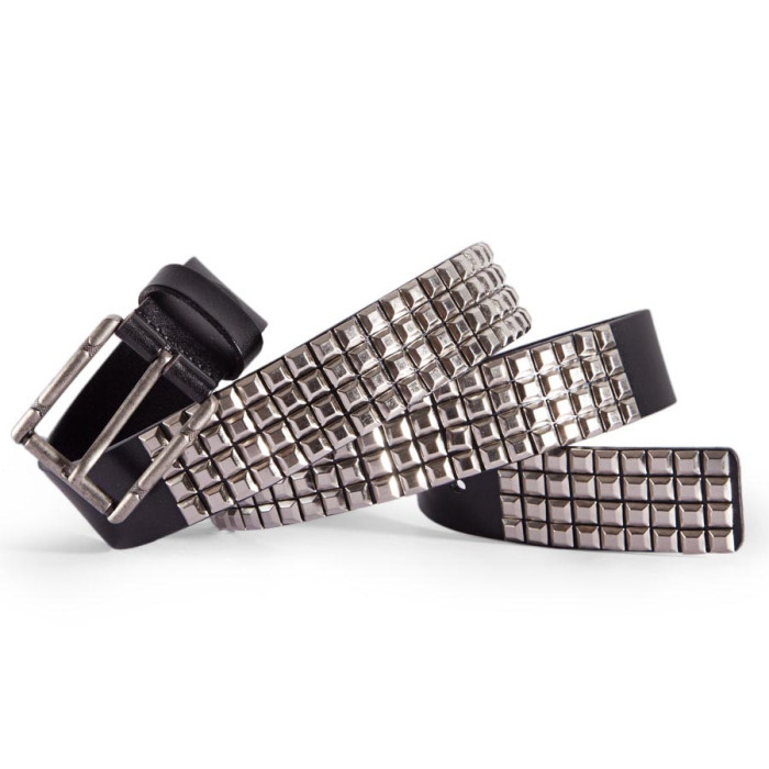Pyramid Studded Belt 4 Rows Punk Rock Black and Silver